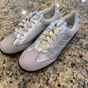 Super cute Casual silver and white sneakers similar to Adidas Sambas- brand new!